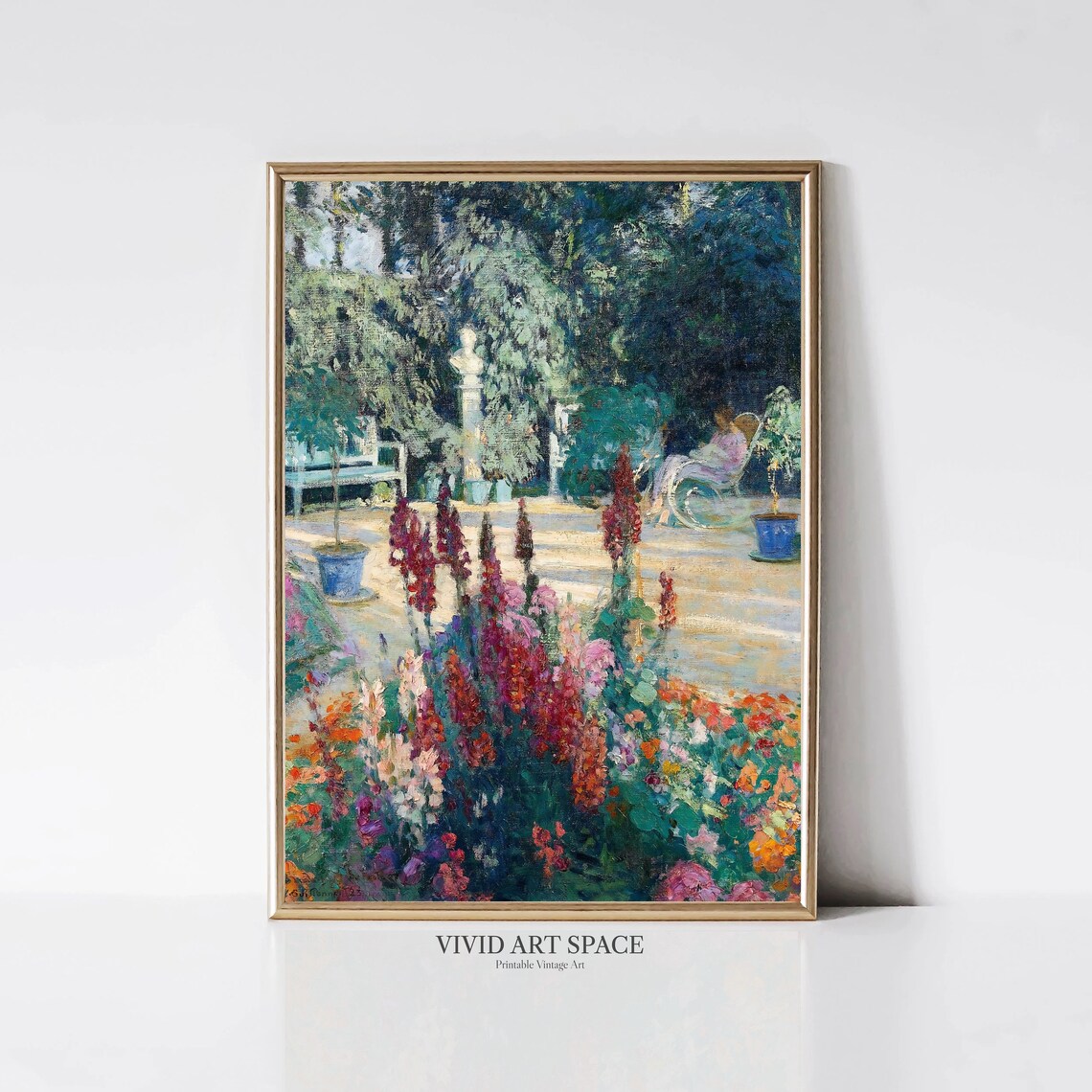 Woman in Sunlit Flower Garden Blooming Impressionist Vintage Print