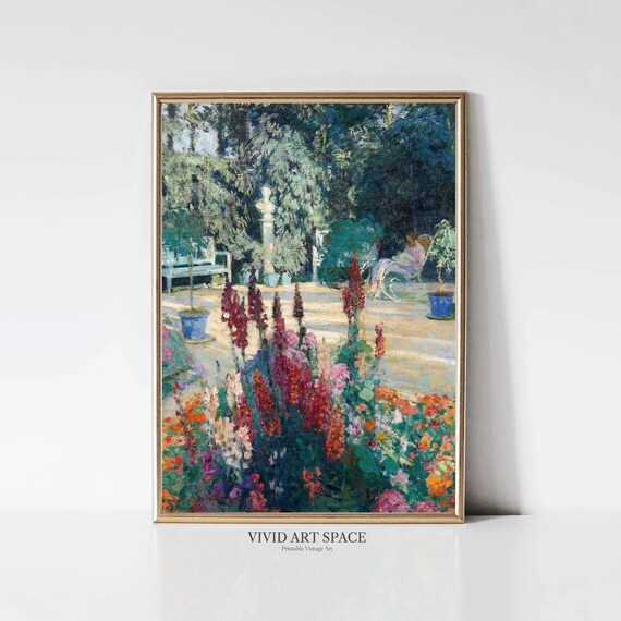 Woman in Sunlit Flower Garden Blooming Impressionist Vintage Print
