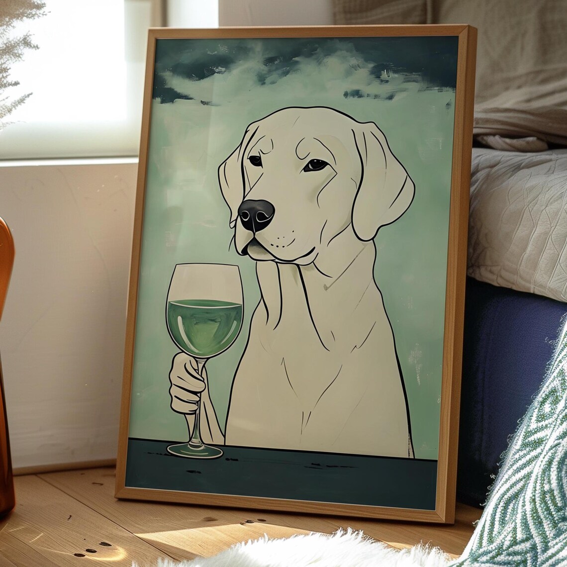 White Dog Holding Wine Glass Green Painted Funny Pet Art Poster - Image 2