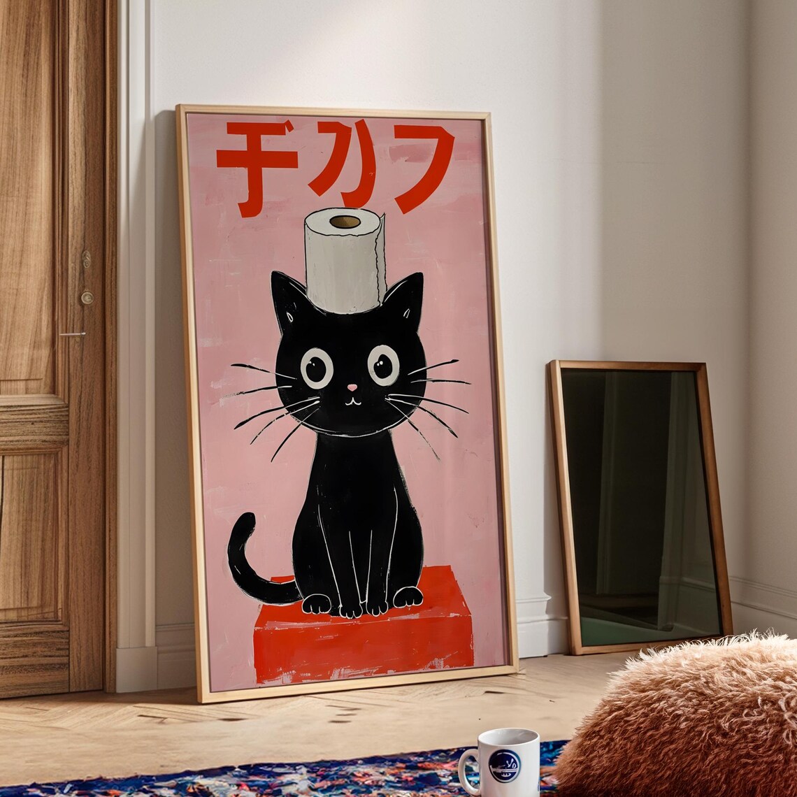 Black Cat Toilet Paper Hat Pink Japanese Funny Bathroom Art Poster - Image 3
