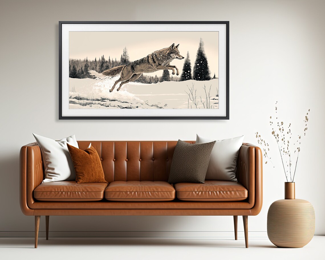 Winter Wolf Leaping Through Snow Forest Monochrome Wildlife Art Poster - Image 2