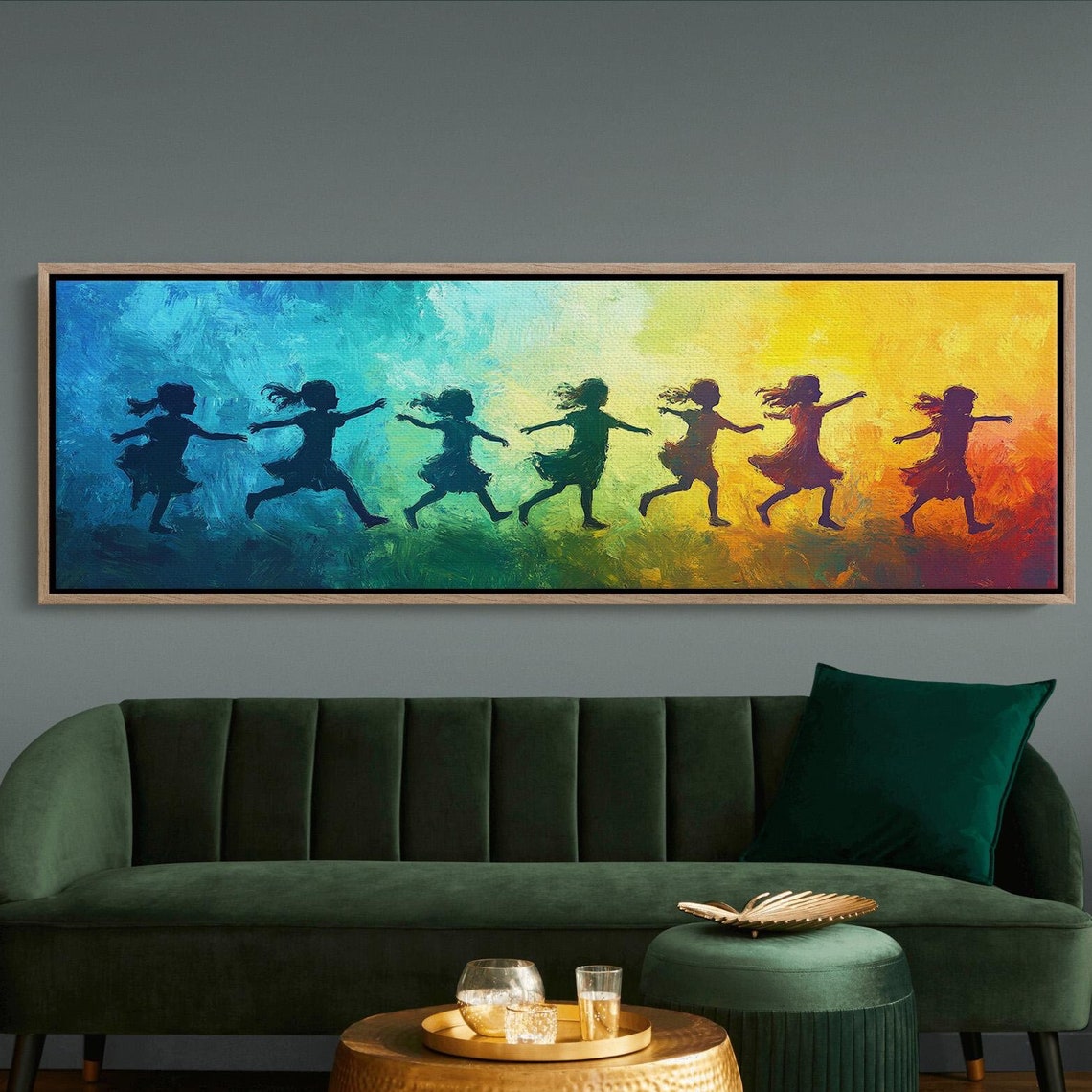 Joyful Children Running Rainbow Silhouette Kids In Motion Poster