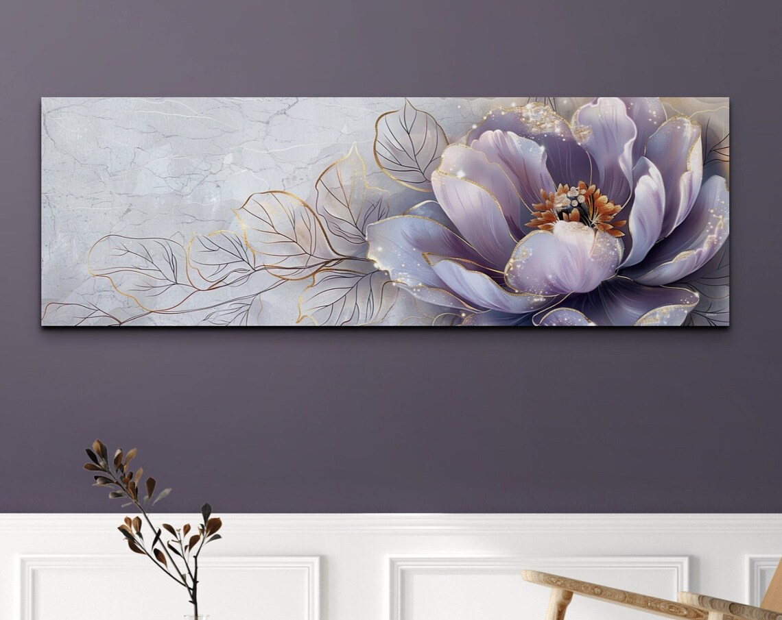 Lavender Peony Flower, Gold Leaf Style Art Print