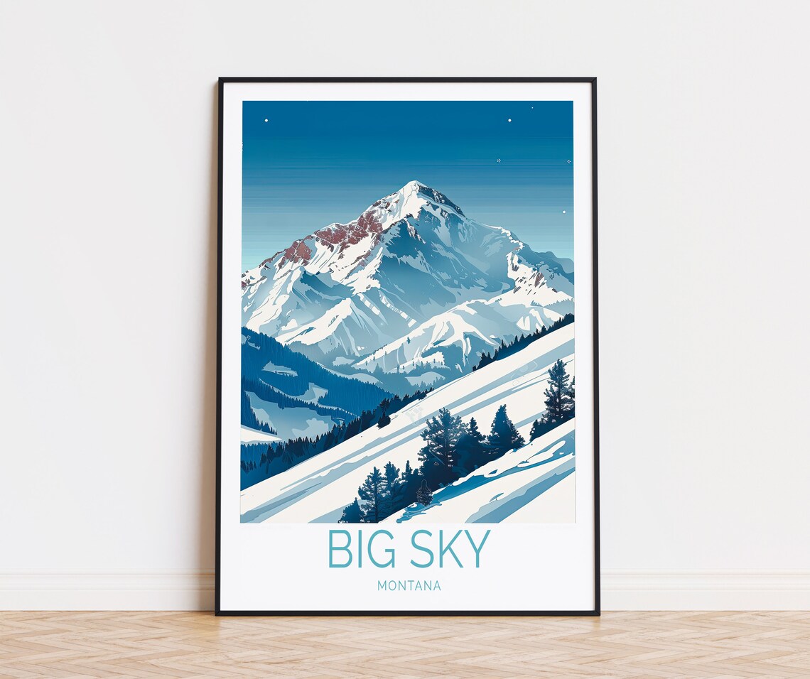 Big Sky Montana Snowy Mountain Night Ski Slopes Travel Poster