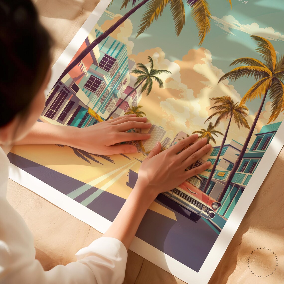 Miami Florida Sunset Palm Avenue Retro Vintage Car Travel Poster - Image 3
