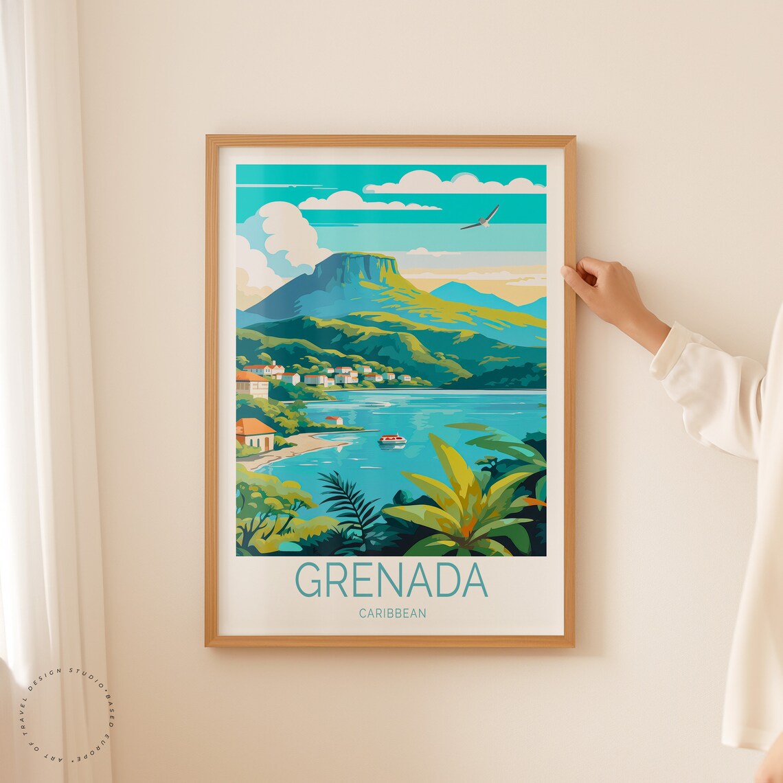 Grenada Caribbean Bay Boat Mountain Village Retro Travel Poster - Image 2