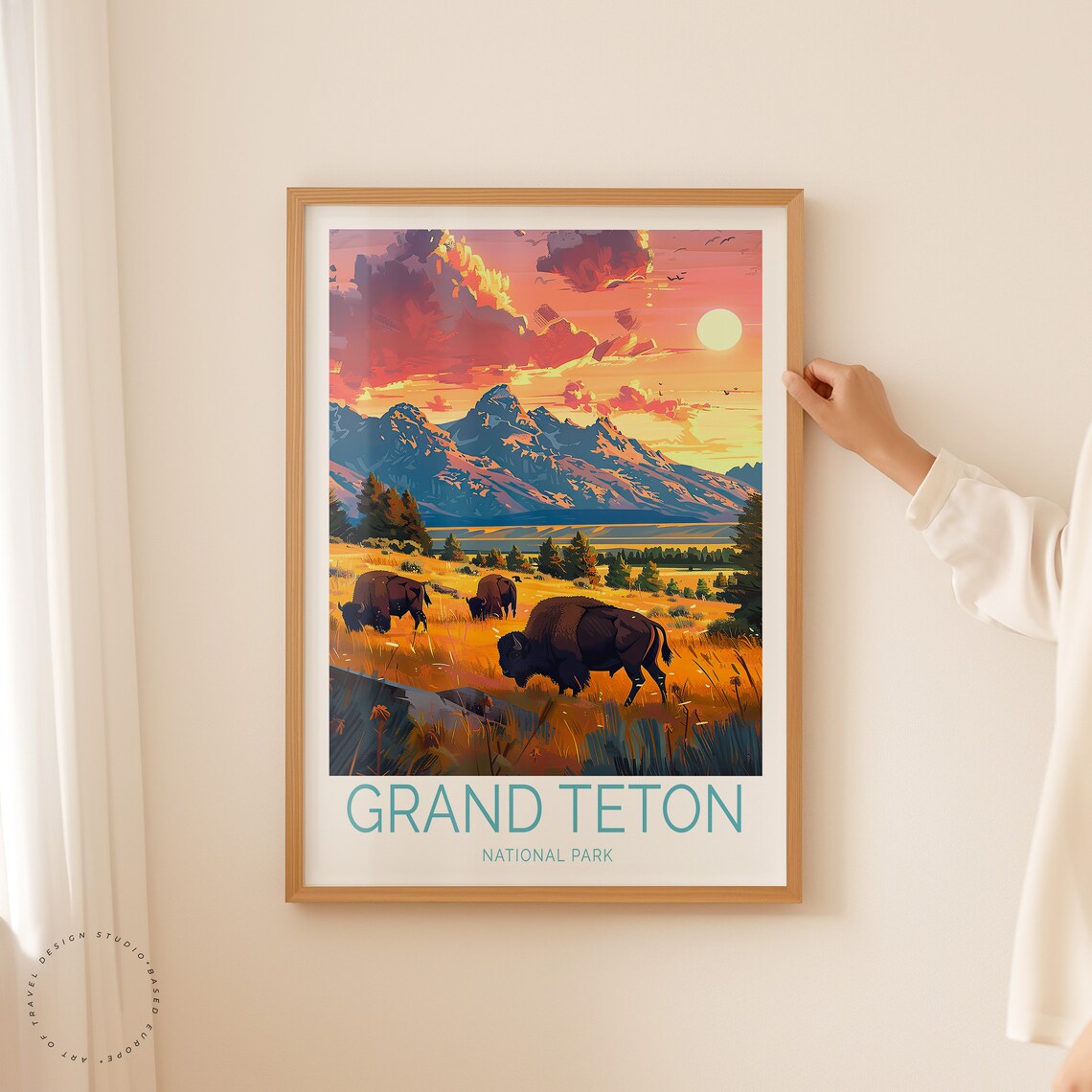 Grand Teton National Park Bison Grazing Beneath Sunset Peaks Poster - Image 2