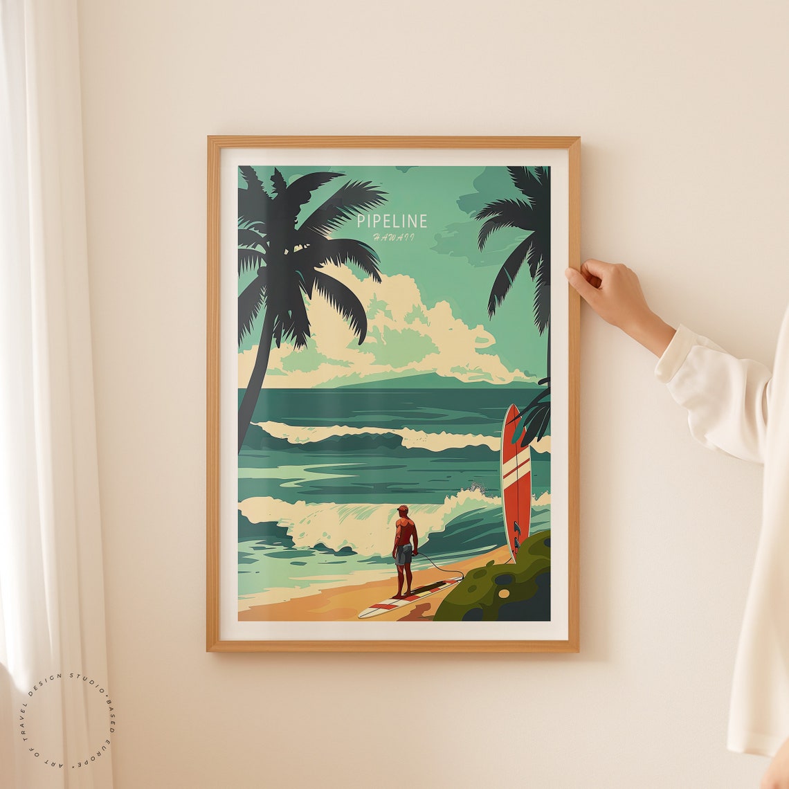Pipeline Hawaii Surfer Watching Ocean Waves Retro Travel Poster - Image 2