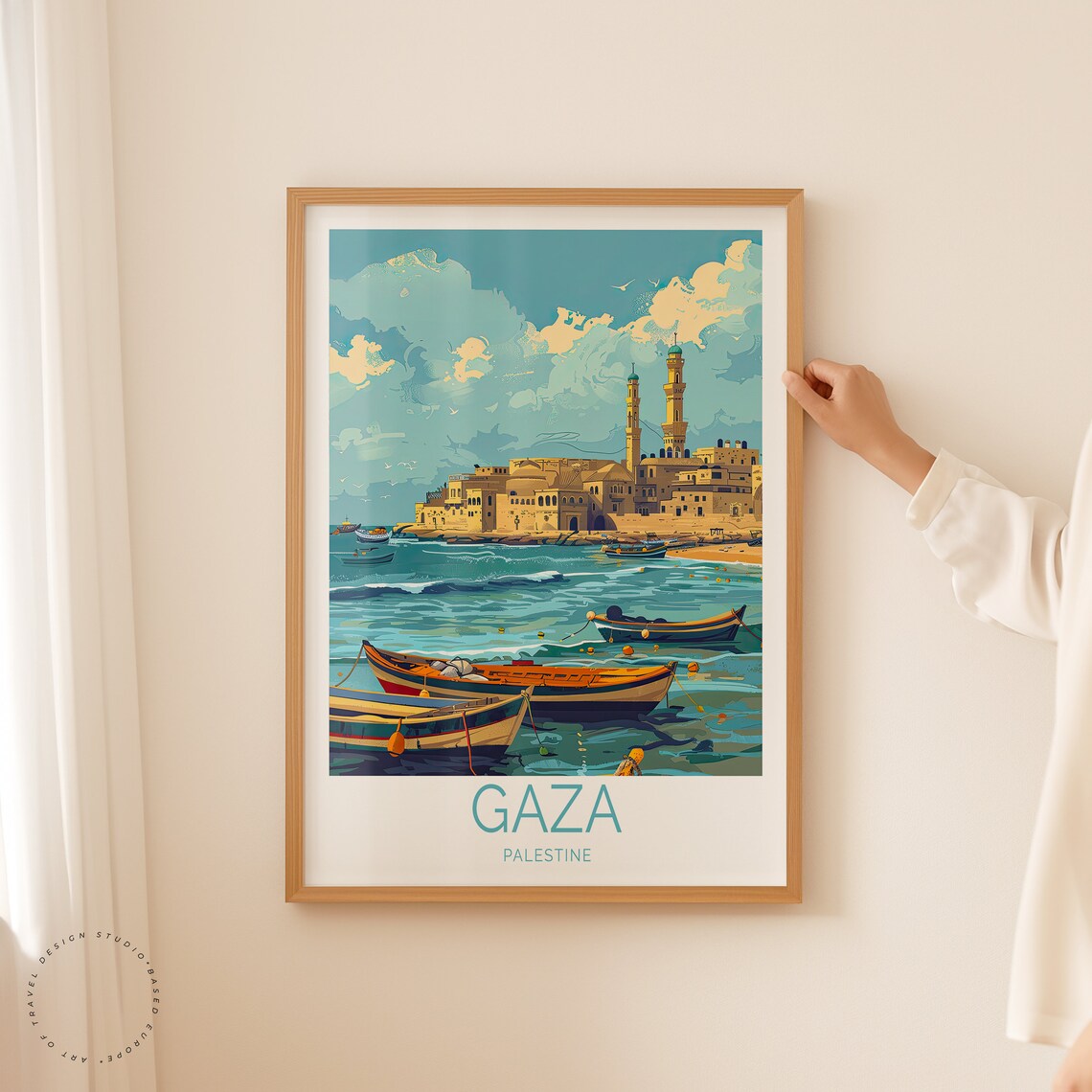Gaza Palestine Harbor Minarets Colorful Boats Sea Scenic Travel Poster - Image 3