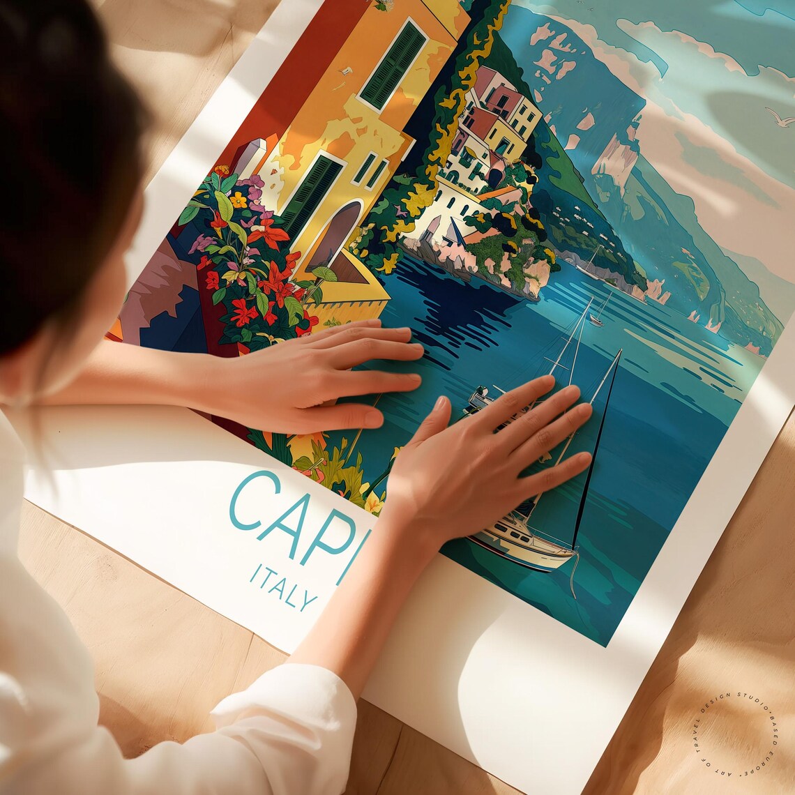 Capri Italy Cliffside Villa Flowers Sailboats Blue Sea Poster - Image 3