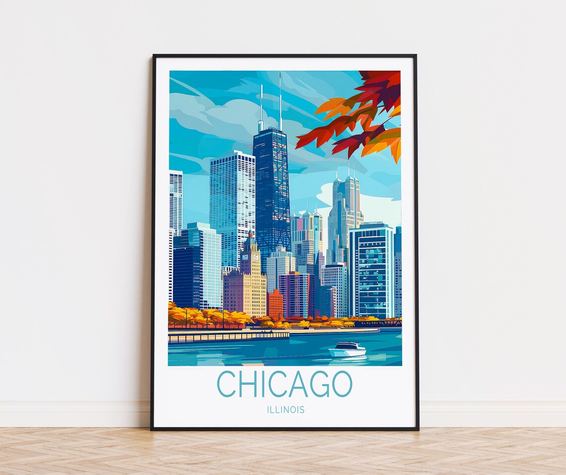 Chicago Riverfront Skyline Autumn Leaves Vintage Travel Poster