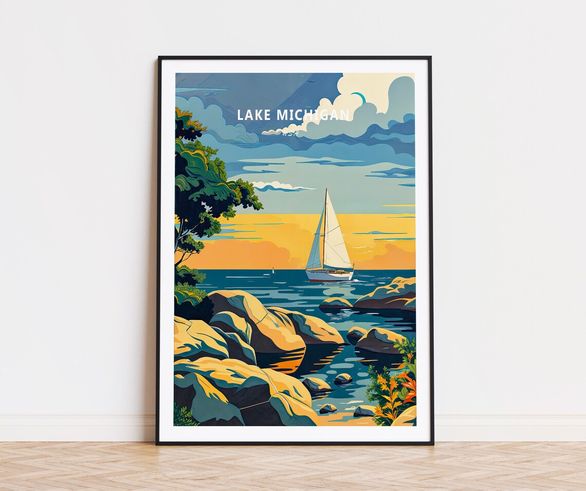 Lake Michigan USA Sunset Sailboat Rocky Shore Scenic Travel Poster