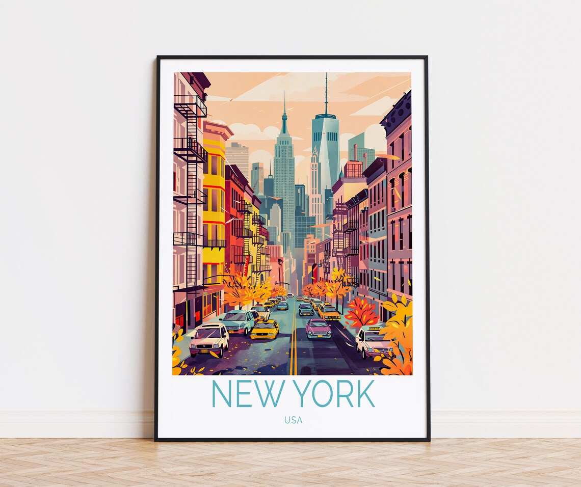New York City Brownstone Street Yellow Taxis Autumn Colors Poster