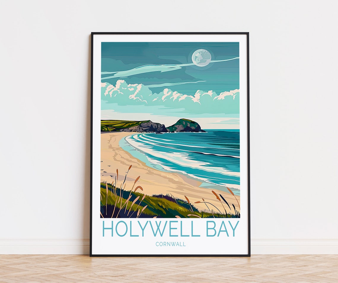 Holywell Bay Cornwall Moonlit Beach Rolling Ocean Waves Poster