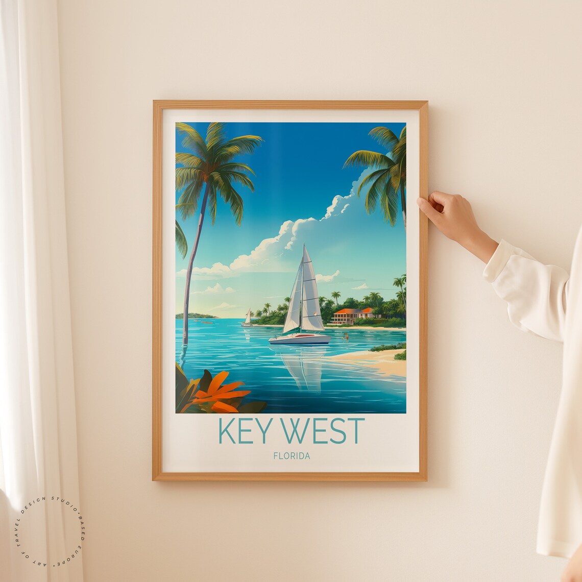 Key West Florida Sailboat Palms Island Harbor Retro Travel Poster - Image 2