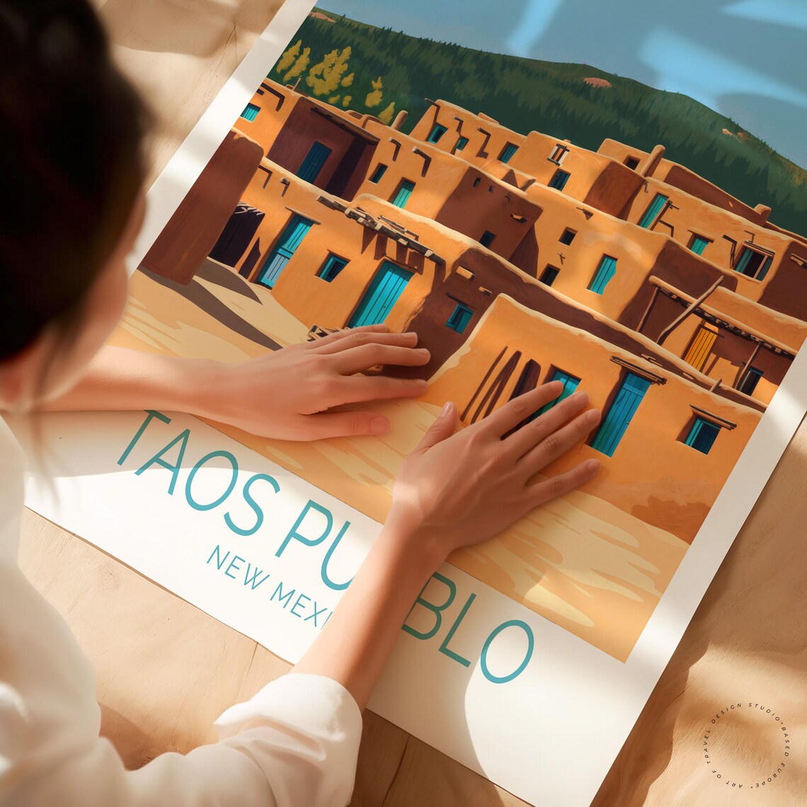 Taos Pueblo New Mexico Adobe Plaza Mountain Vintage Travel Art Poster - Image 3