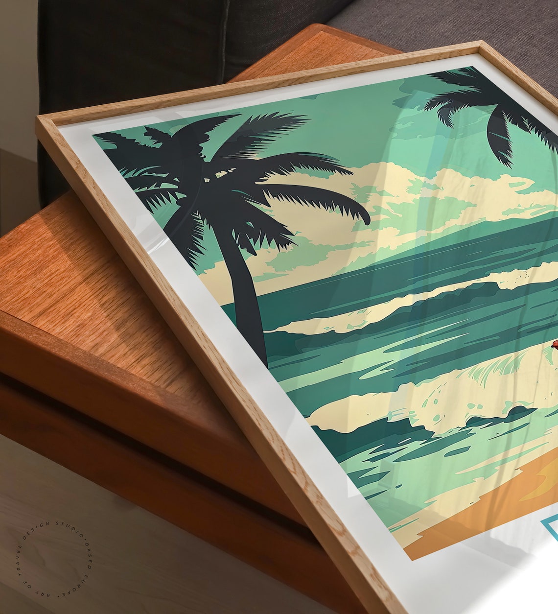 Pipeline Hawaii Beach Surfer Palms Teal Vintage Travel Poster - Image 3