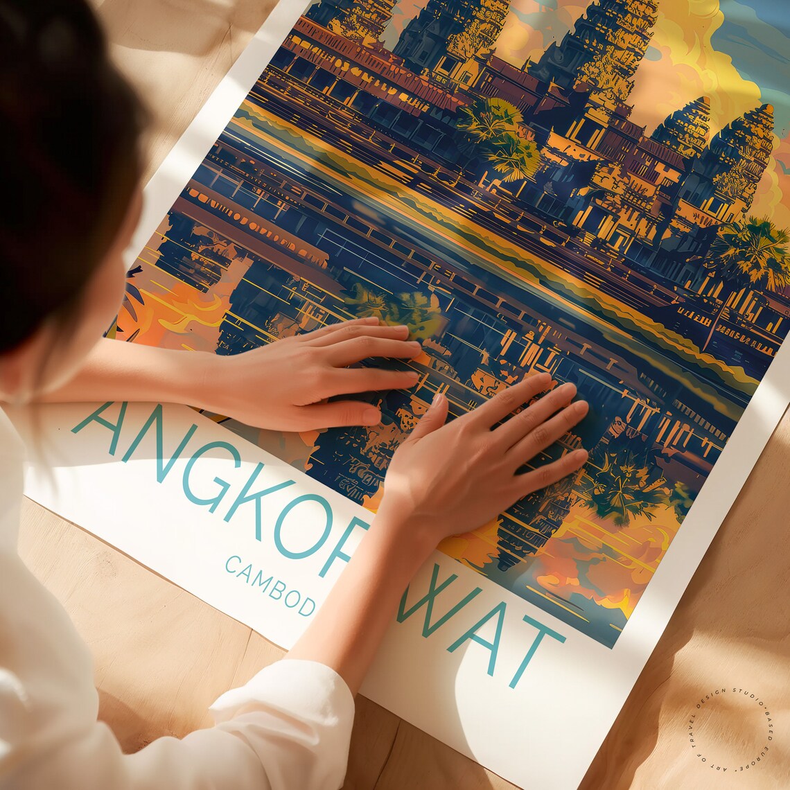 Angkor Wat Cambodia Golden Sunset Temple Reflection Travel Poster - Image 2