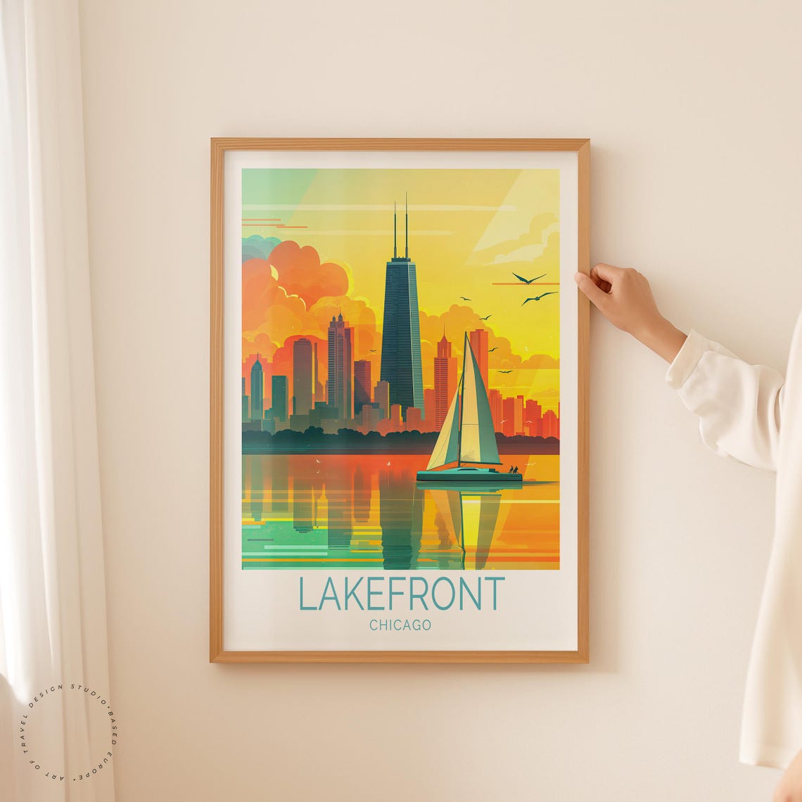 Lakefront Chicago Sunset Skyline Sailing Boat Waterfront Travel Poster - Image 2