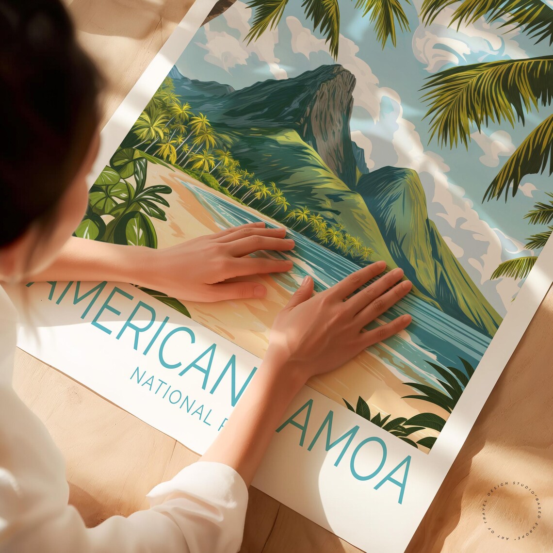 American Samoa National Park Tropical Beach Palm Trees Volcano Poster - Image 3