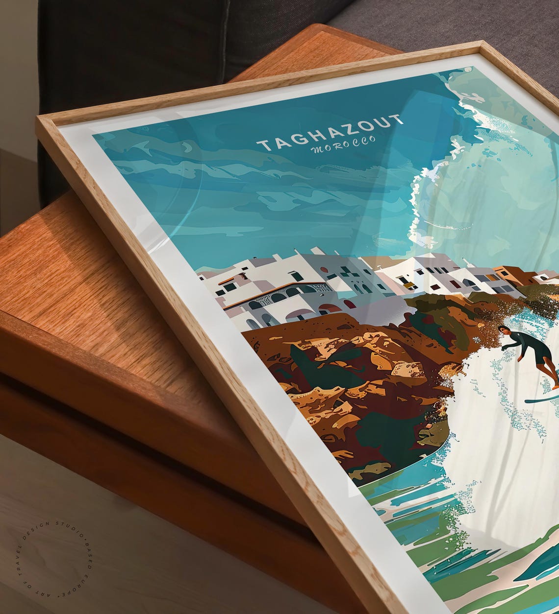 Taghazout Morocco Surfer Riding Big Wave Cliffs Village Travel Poster - Image 3