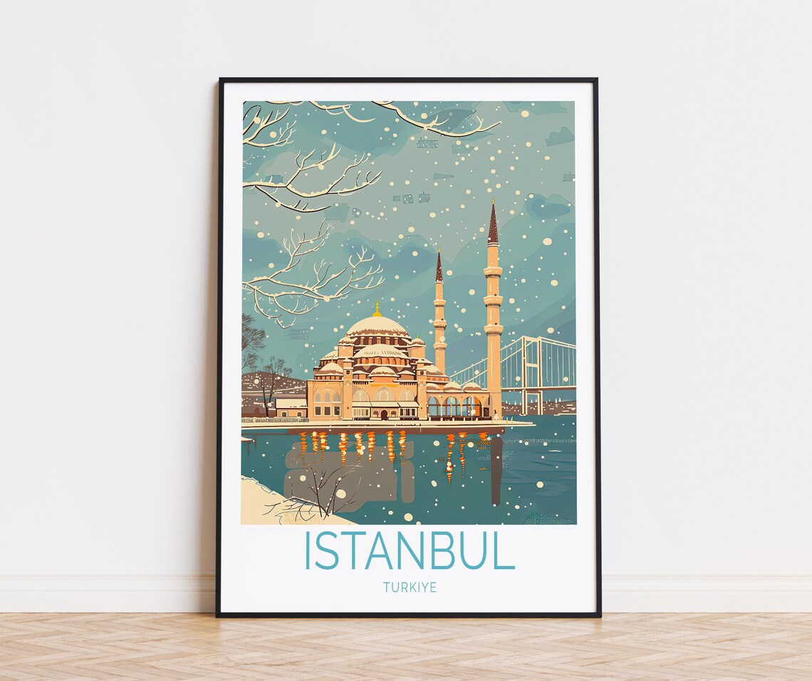 Istanbul Winter Snowy Mosque by the Bosphorus Bridge Turkey Poster
