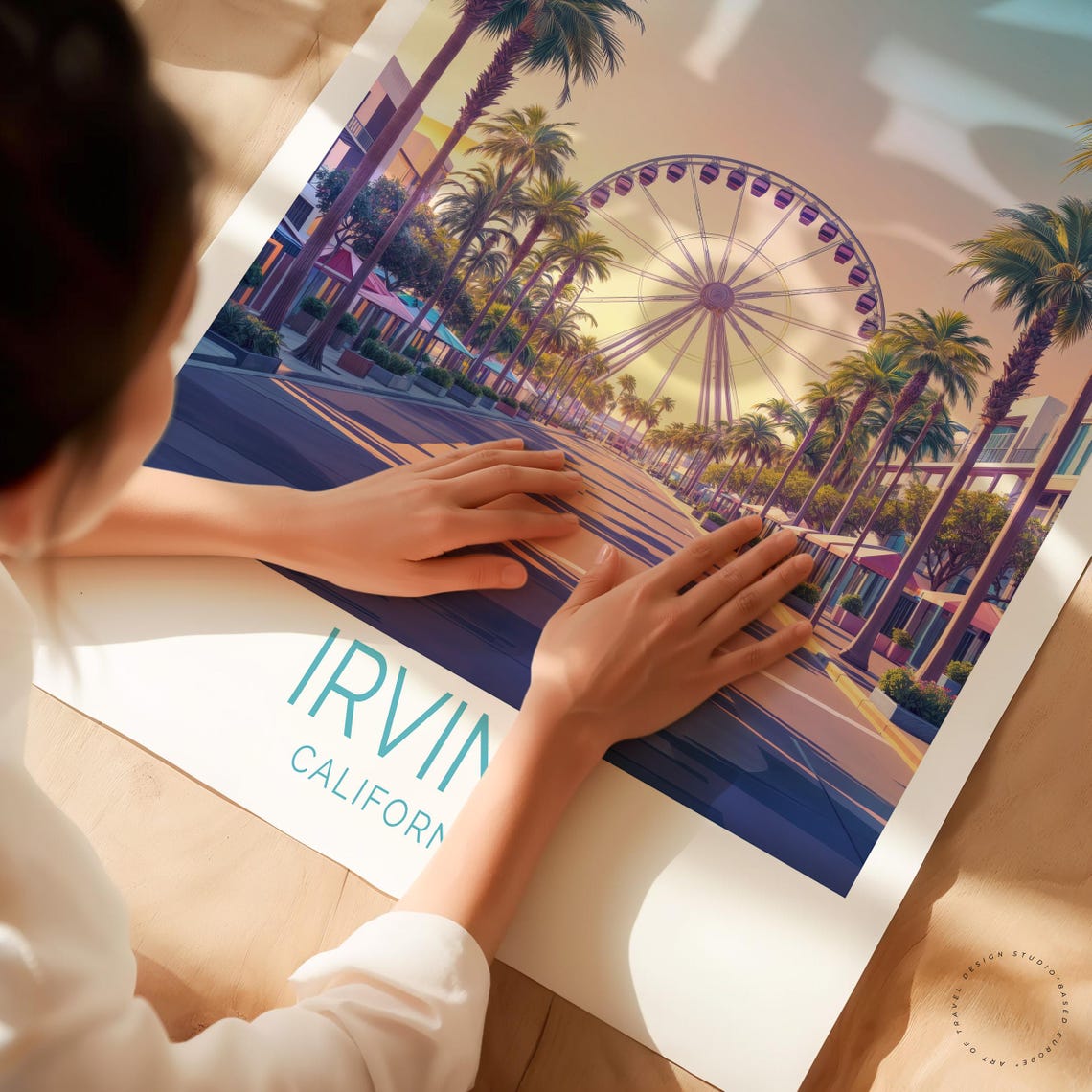 Irvine California Palm Lined Boulevard Ferris Wheel Sunset Art Poster - Image 3
