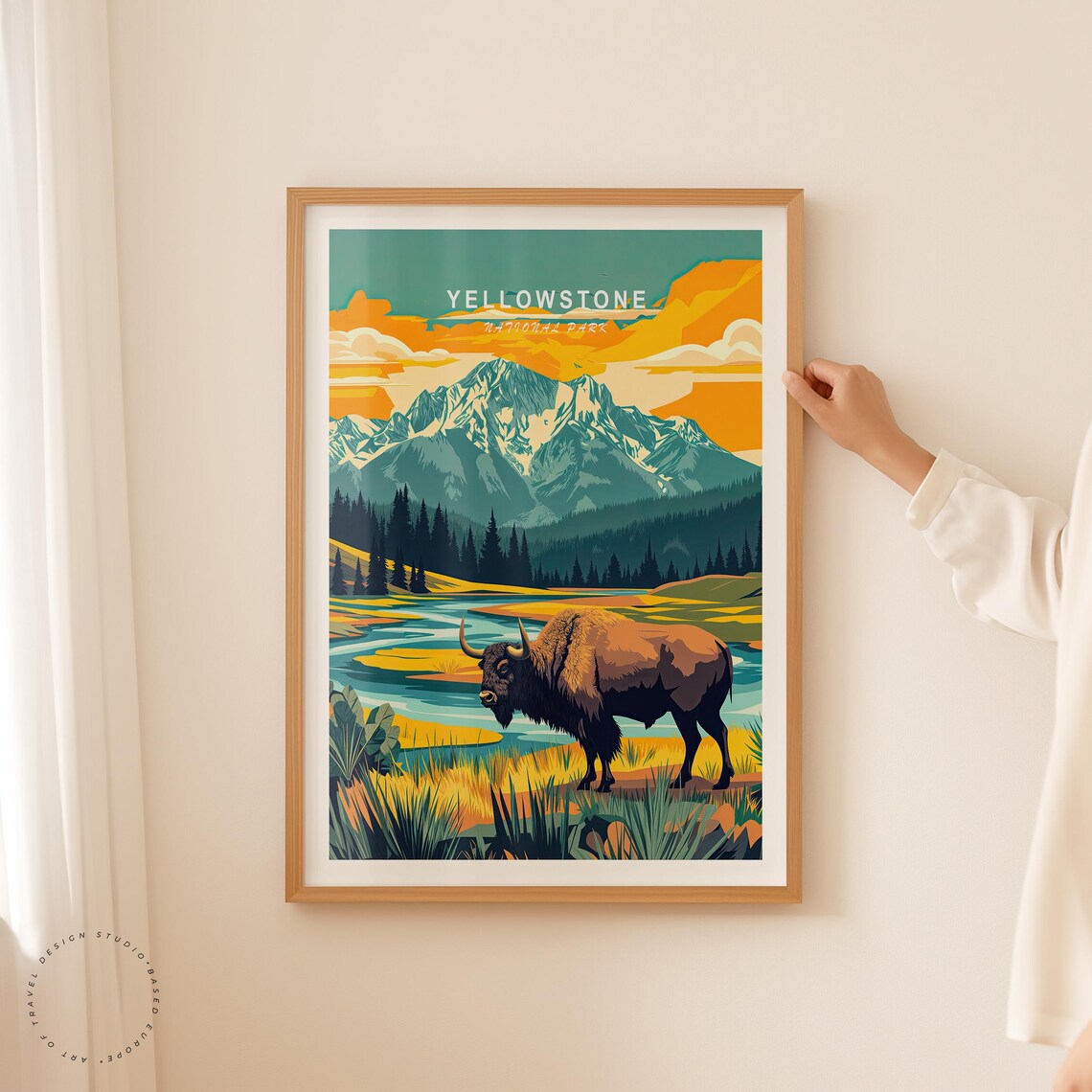 Yellowstone Bison Sunset River Sky Lettering Wildlife Poster - Image 2