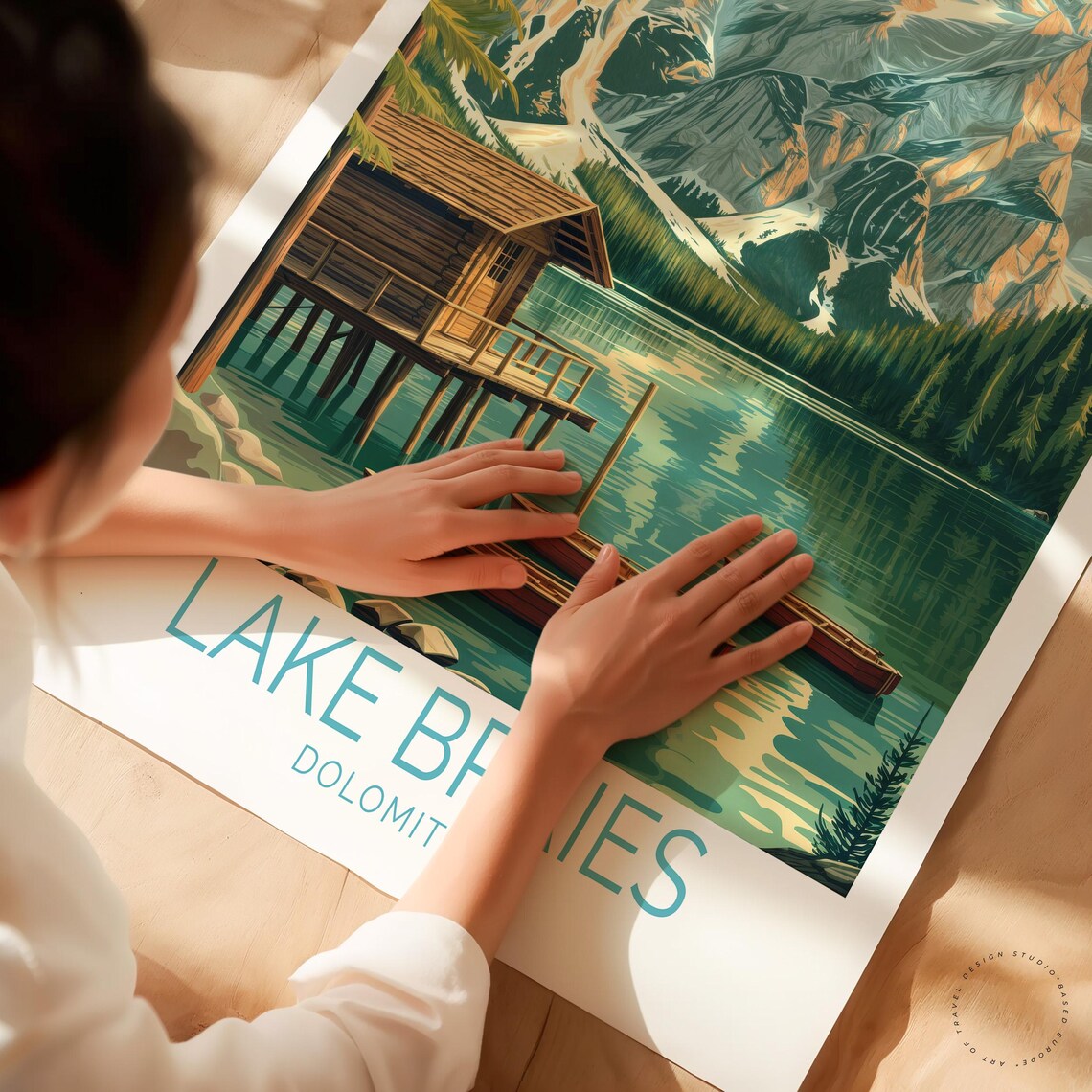 Lake Braies Dolomites Wooden Cabin Rowboats Vintage Travel Poster - Image 3