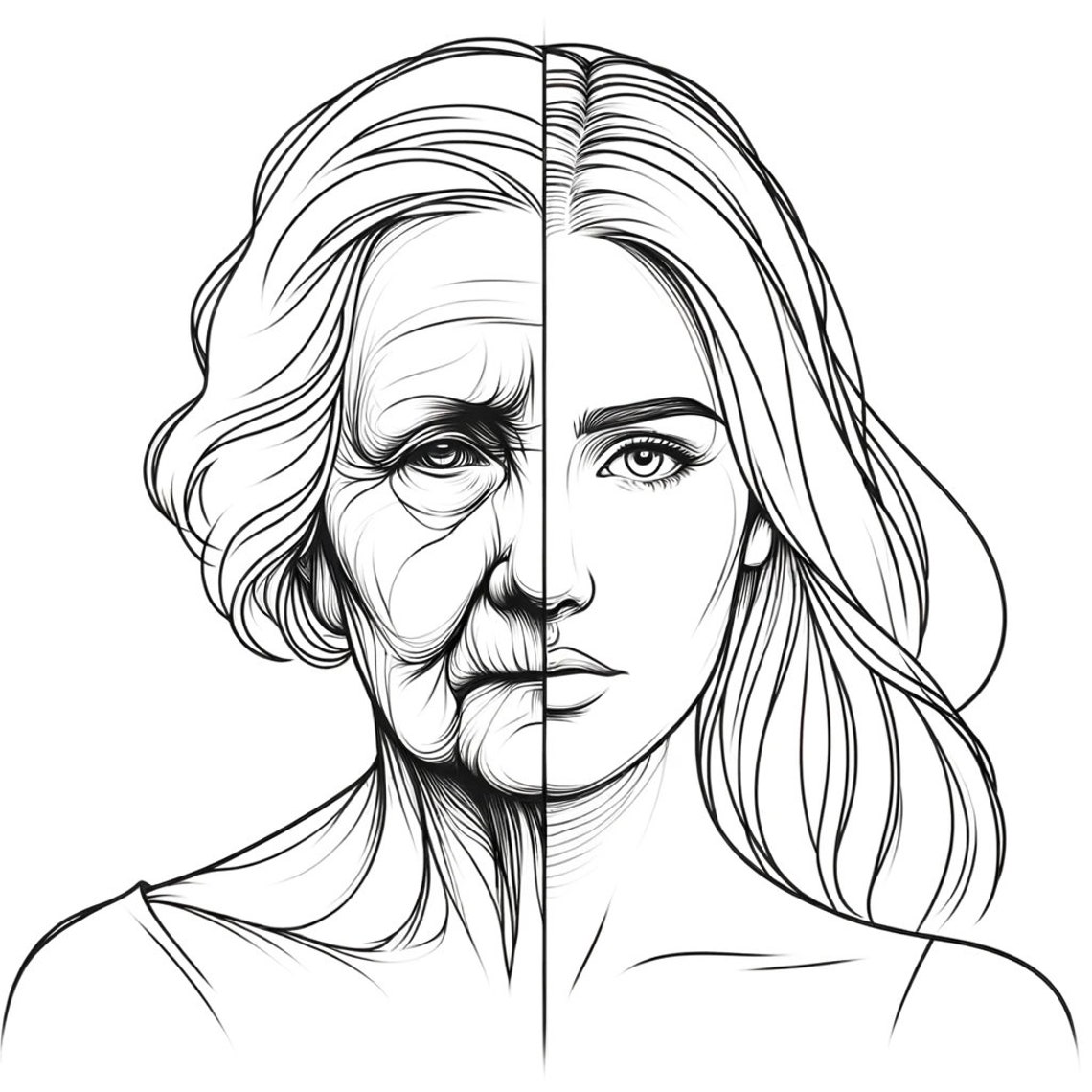 Split Face Portrait Young and Old Woman Aging Beauty Line Art Poster