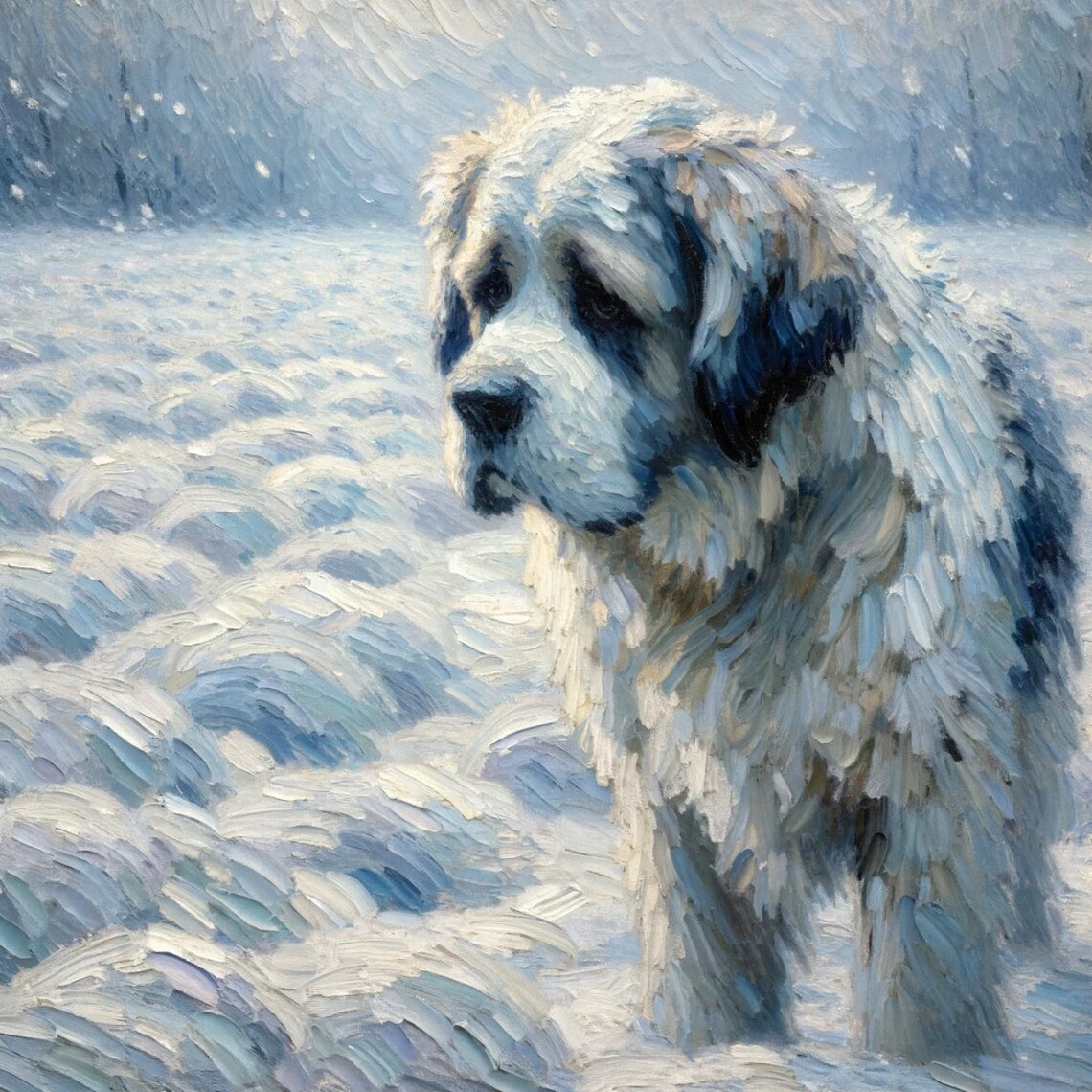 Fluffy White Dog Standing in Snow Impressionist Oil Painting Poster