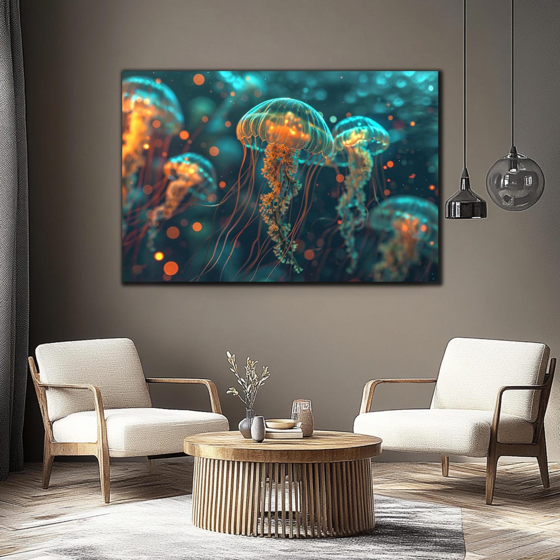 Glowing Jellyfish Swarm Teal and Amber Deep Ocean Night Print - Image 3