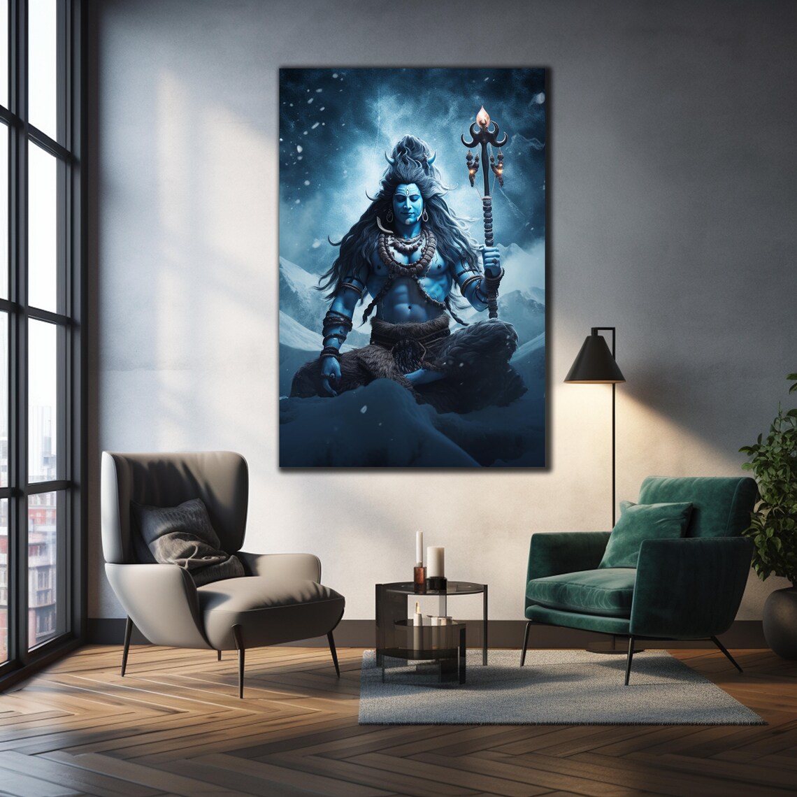 Lord Shiva Meditating in Himalayas Hindu God Wall Art Blue Poster - Image 3