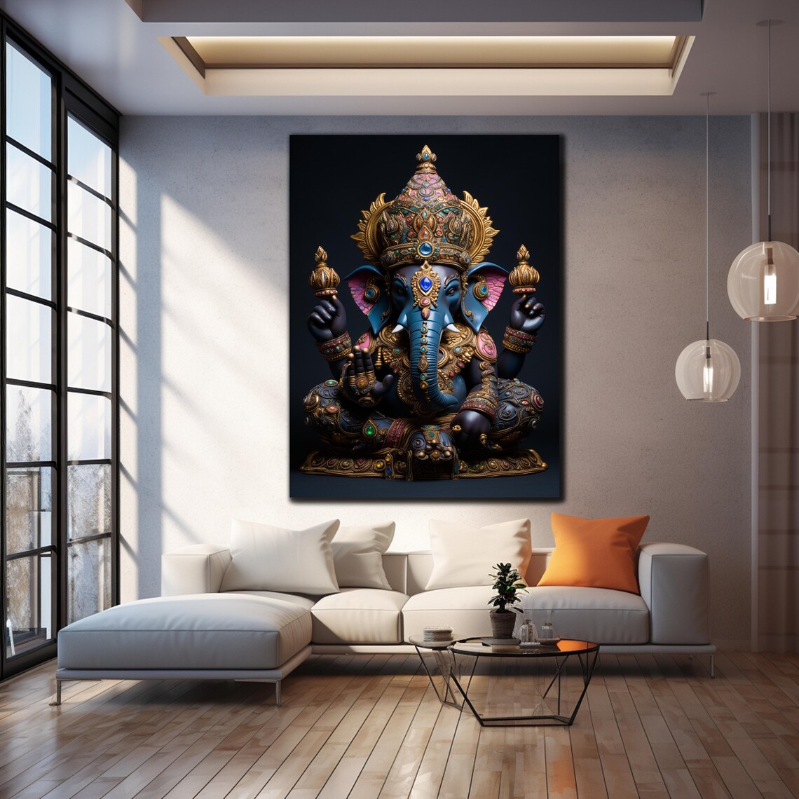 Lord Ganesha Sapphire Blue Golden Crown Sacred Blessing Art Poster - Image 4