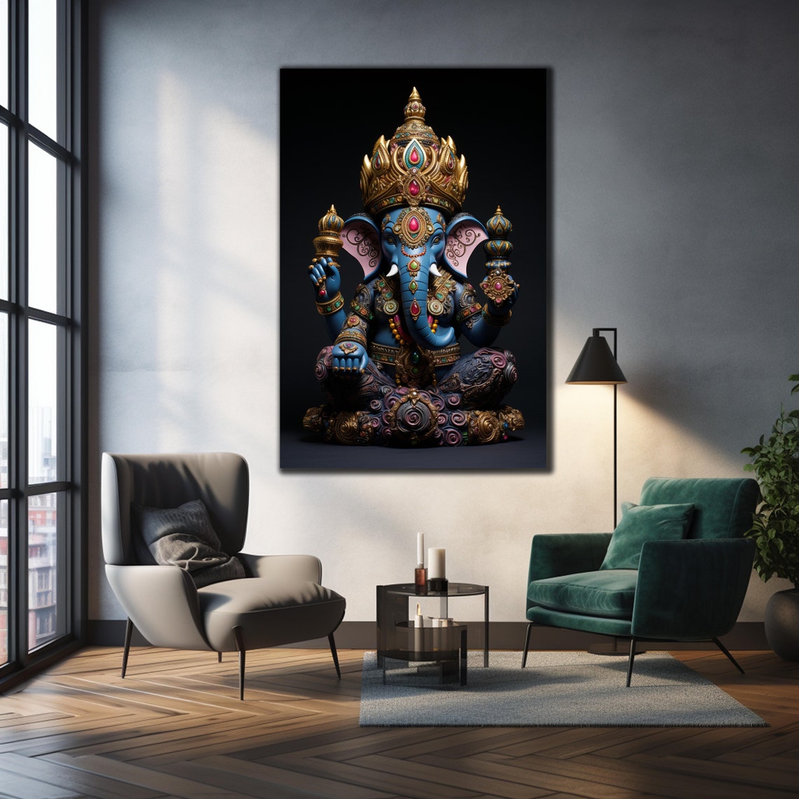 Lord Ganesha Jeweled Crown Blue Elephant God Black Art Wall Poster - Image 2
