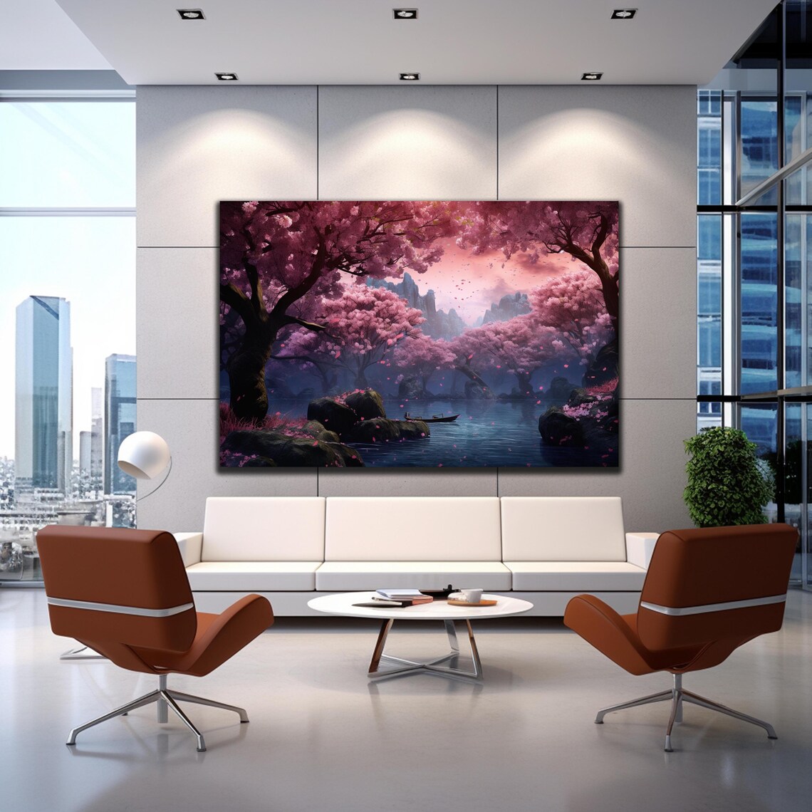 Cherry Blossom Lake Boat Misty Mountains Pink Twilight Wall Poster - Image 4