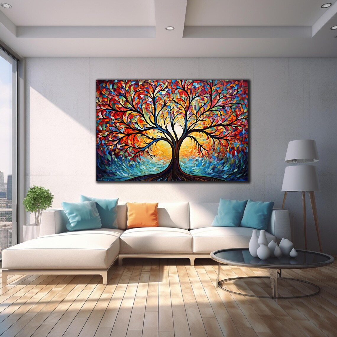 Fiery Tree of Life Mosaic Colorful Stained Glass Canopy Wall Art - Image 4
