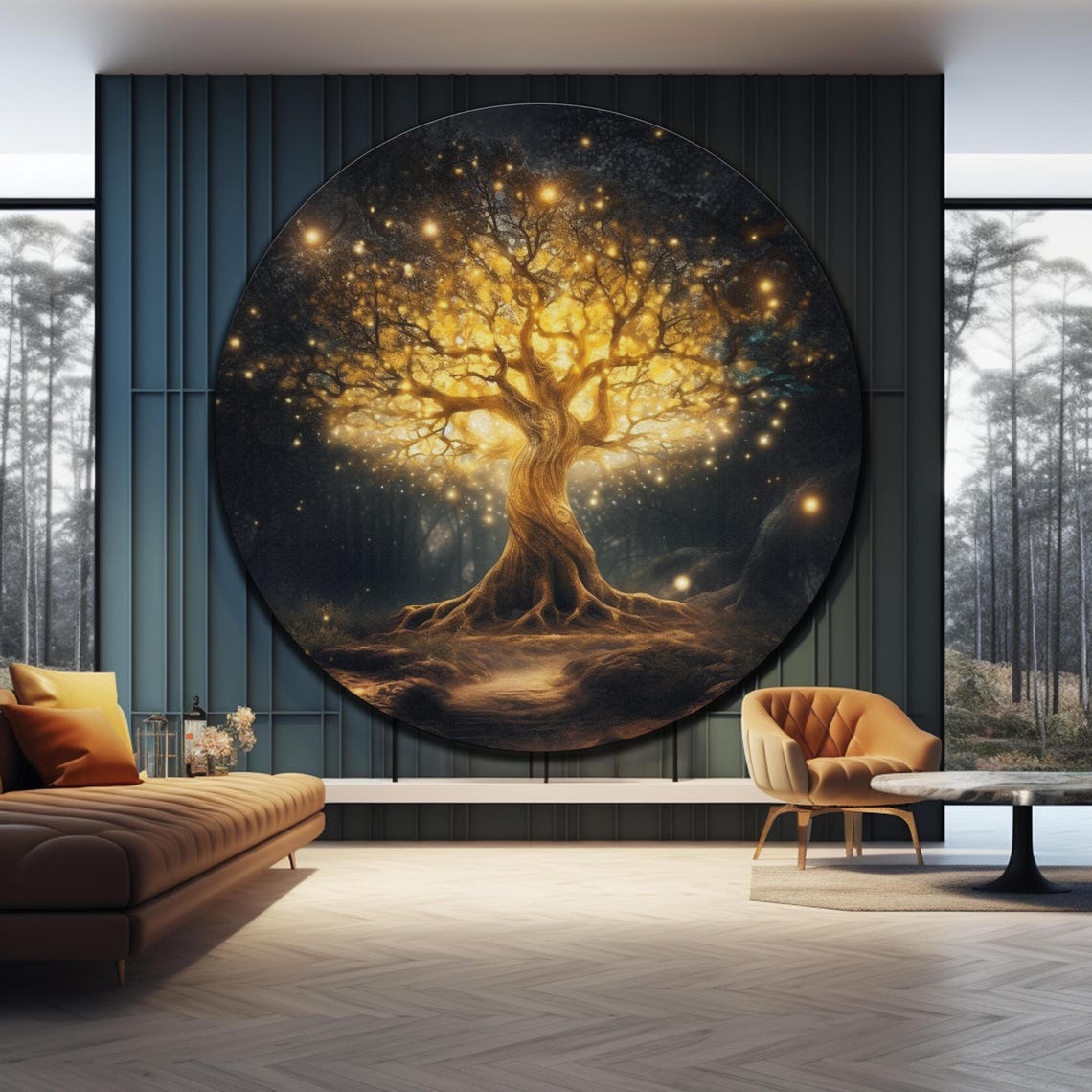 Glowing Golden Tree Of Life Twisted Trunk Starry Night Wall Art - Image 4