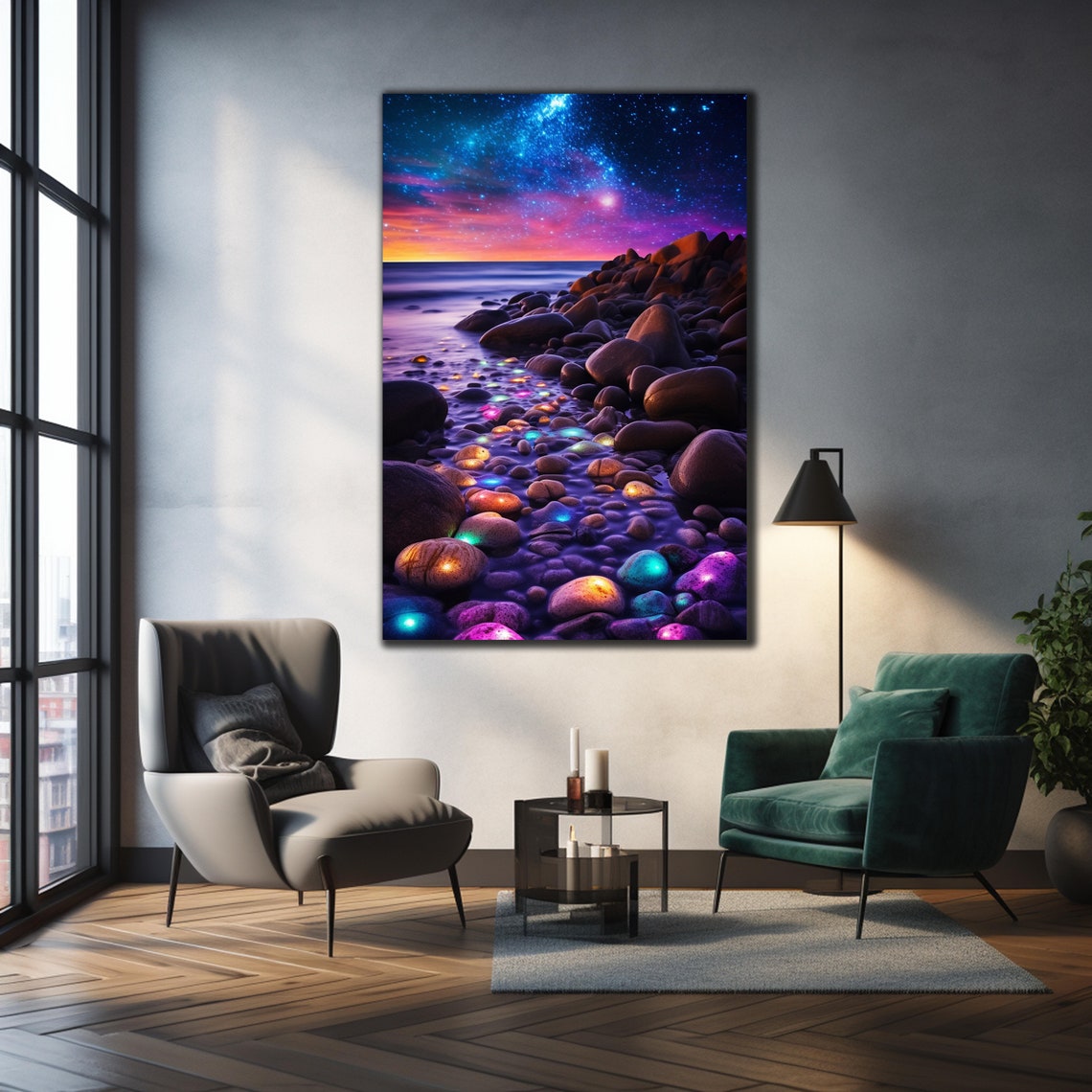 Milky Way Beach Glowing Neon Stones Starlit Night Ocean Art Poster - Image 3