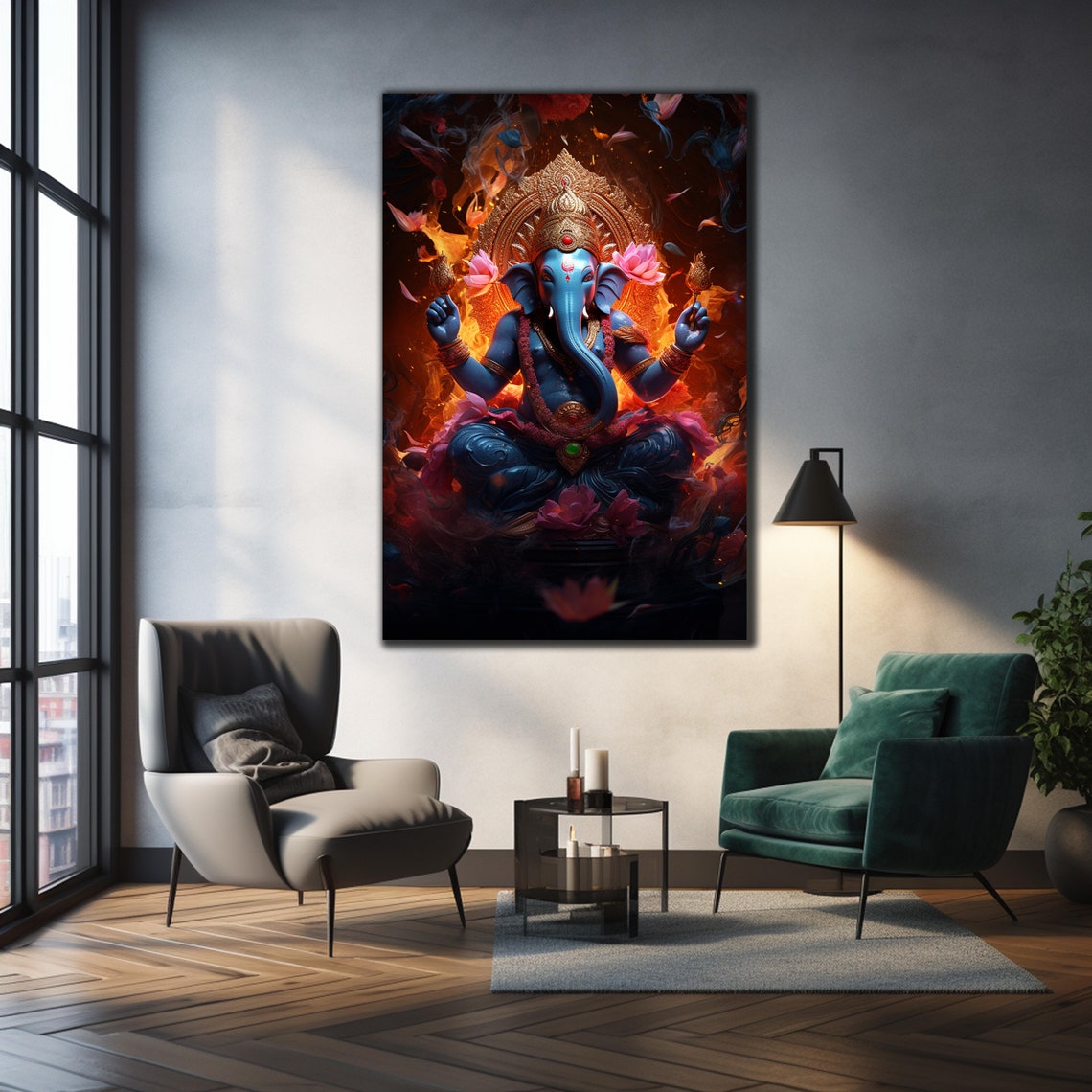Lord Ganesha Blue Lotus Flowers Fiery Orange Divine Art Wall Poster - Image 2