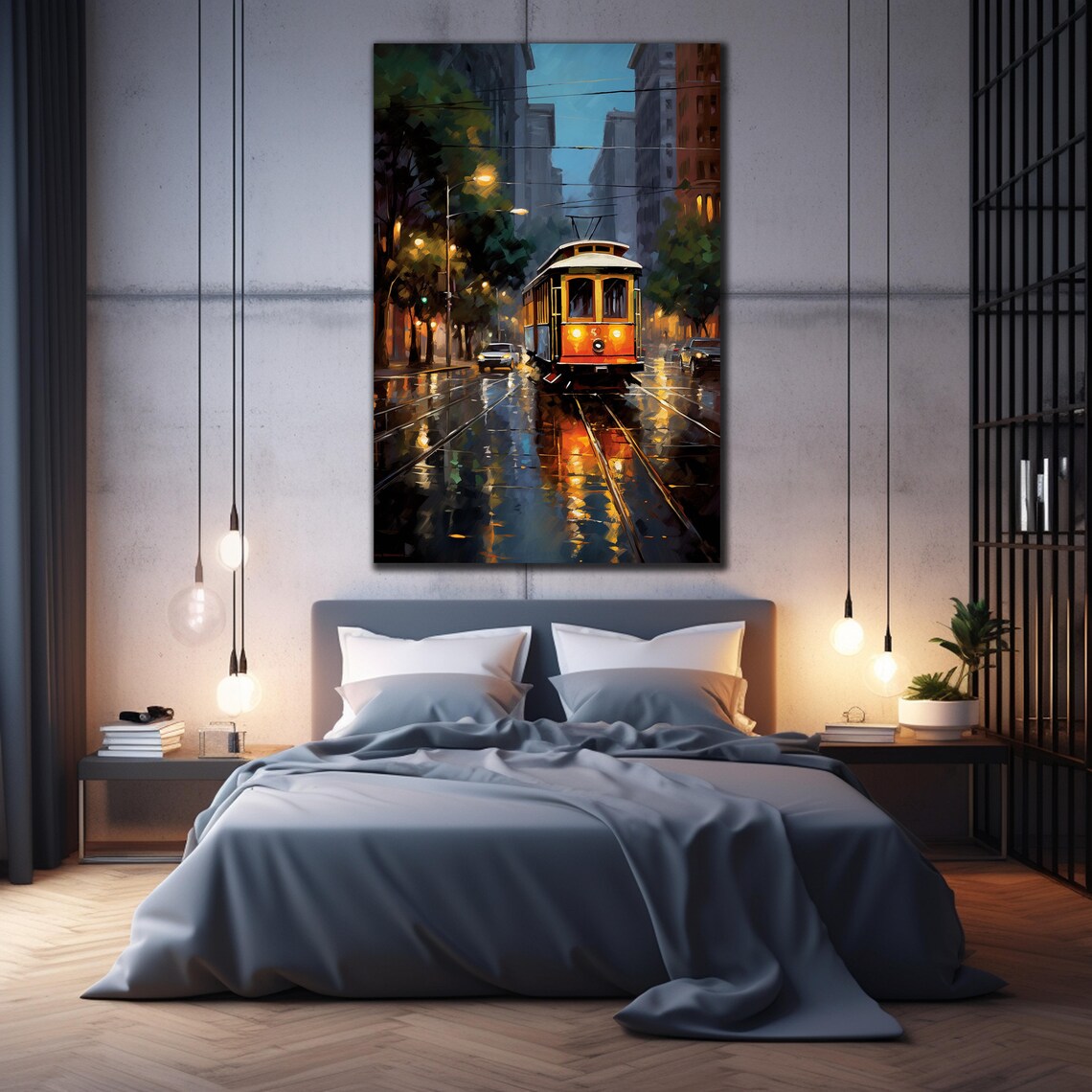 San Francisco Cable Car Rainy Night Street Oil Painting Travel Poster - Image 2
