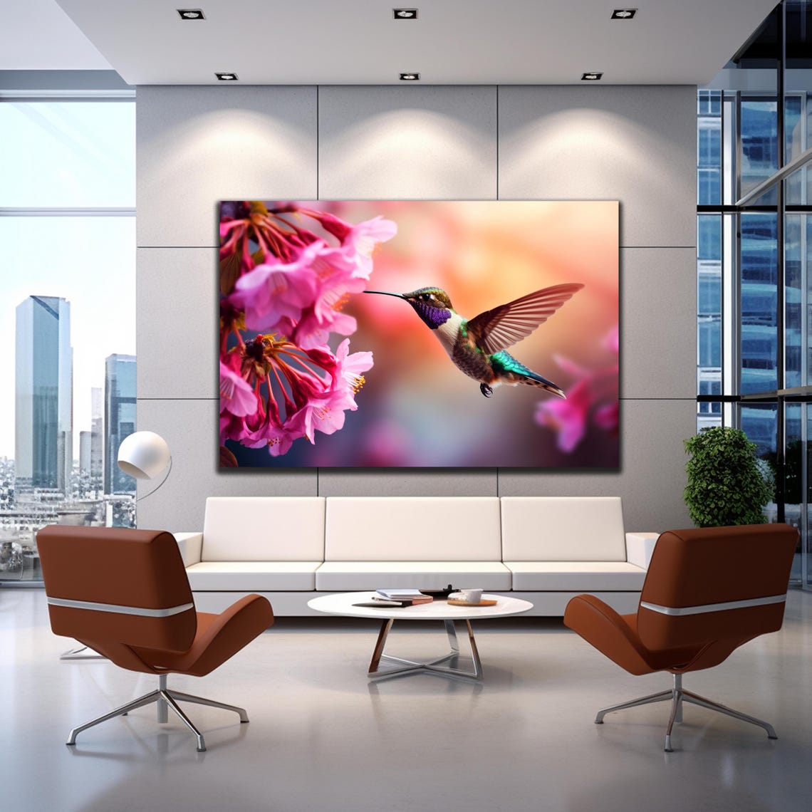 Hummingbird Hovering Pink Blossoms Close Up Purple Throat Poster - Image 2