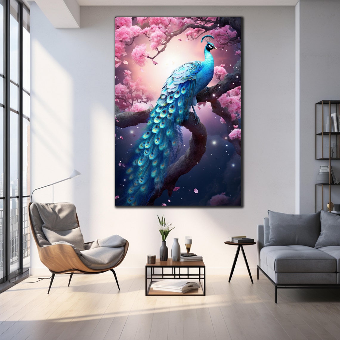 Blue Peacock Cherry Blossom Night Moonlit Garden Bird Art Poster - Image 4
