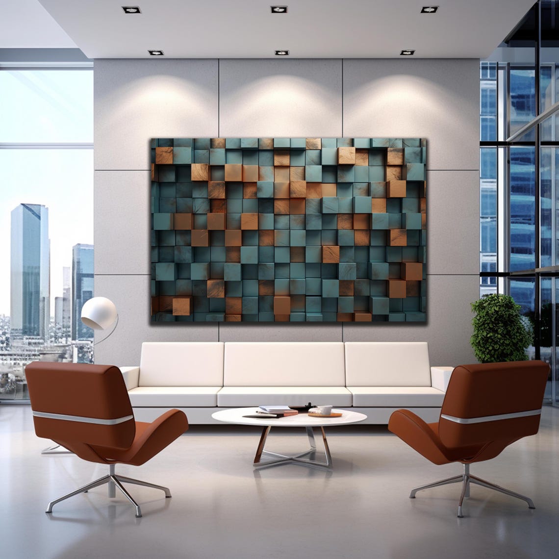 Teal Copper Gold 3D Wooden Cube Blocks Modern Abstract Wall Art - Image 3
