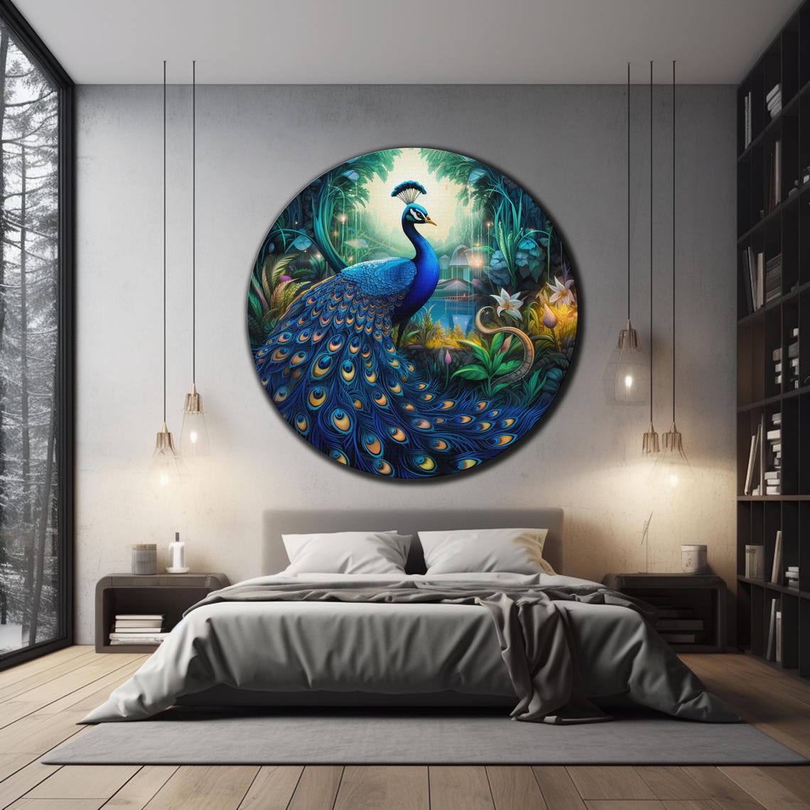 Peacock Jungle Garden Full Tail Feathers Tropical Paradise Wall Art - Image 3