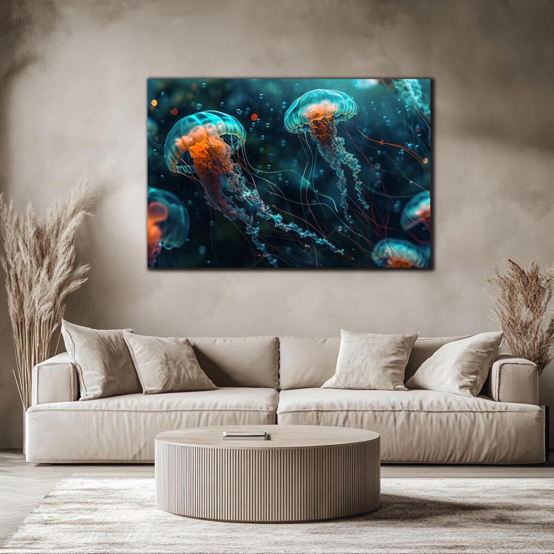Two Glowing Jellyfish Close-Up Teal Amber Dark Ocean Scene Poster - Image 4