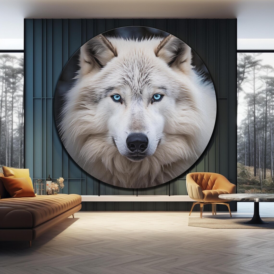 White Wolf Blue Eyes Portrait Round Wildlife Animal Wall Art Poster - Image 4