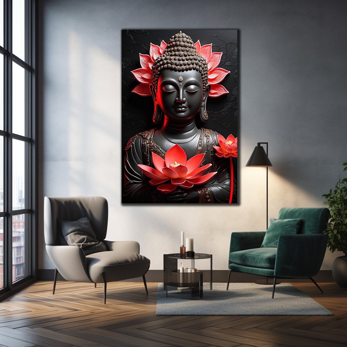 Black Buddha Statue Red Lotus Flowers Dark Zen Wall Art Poster - Image 3
