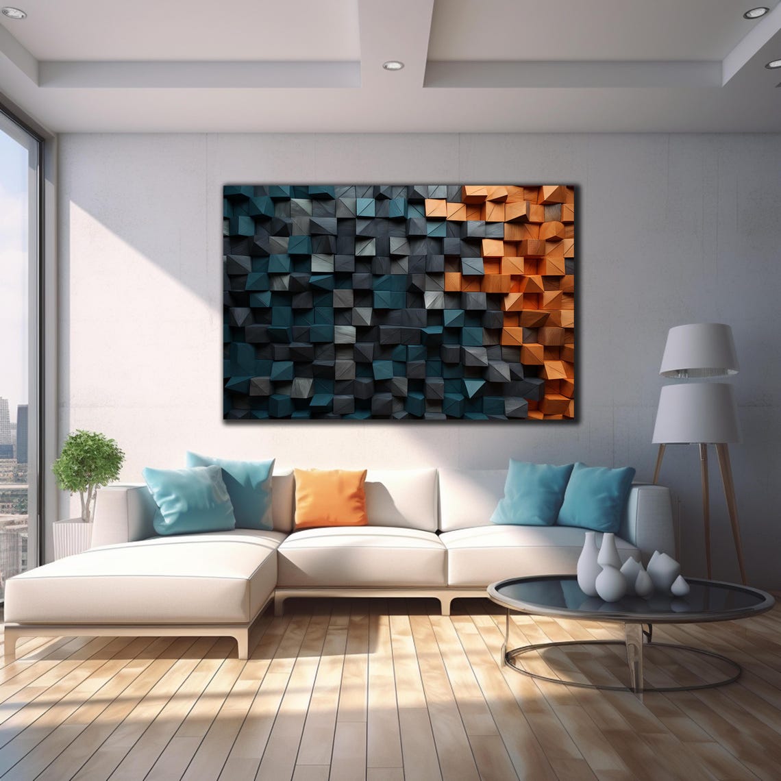 Dark Teal Graphite Orange Faceted 3D Cube Blocks Modern Wall Art - Image 4