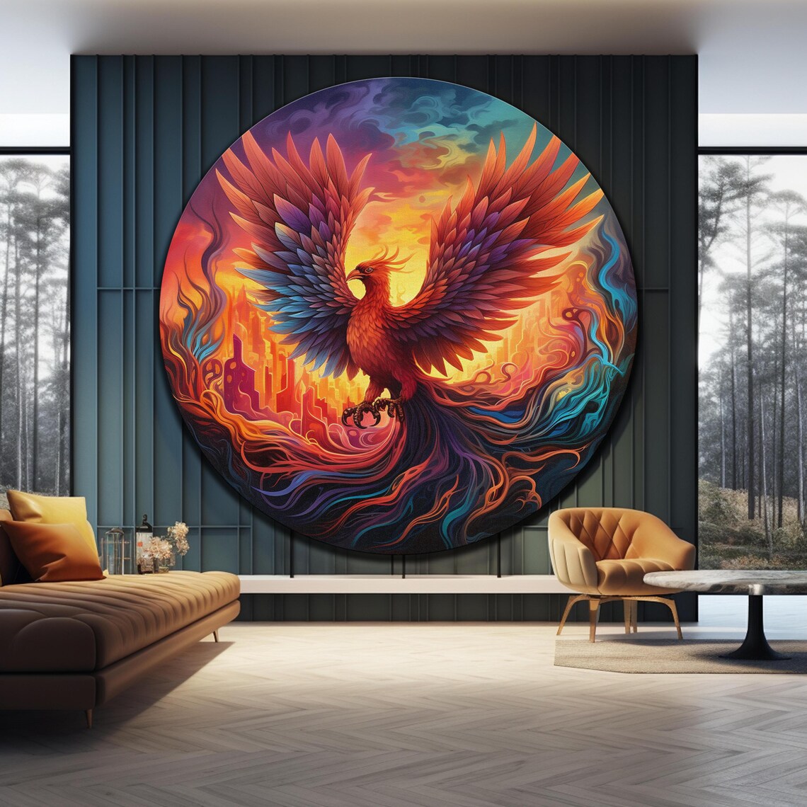Phoenix Rising Flames Round Wings Spread Fire Bird Wall Art Poster - Image 3